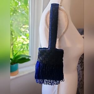 Vintage Blue Beaded Glass Purse Fringed Flapper Handbag.